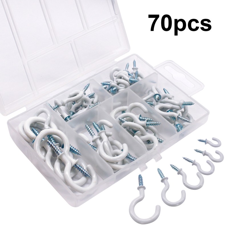 Kissral 70 Piece Screw Hooks Hook Screws Assortment Ceiling Hook Set Cup Hook Holder Kit Screw Hooks Cup Hooks Eye Hooks Ceiling Hooks for Cups Household Items